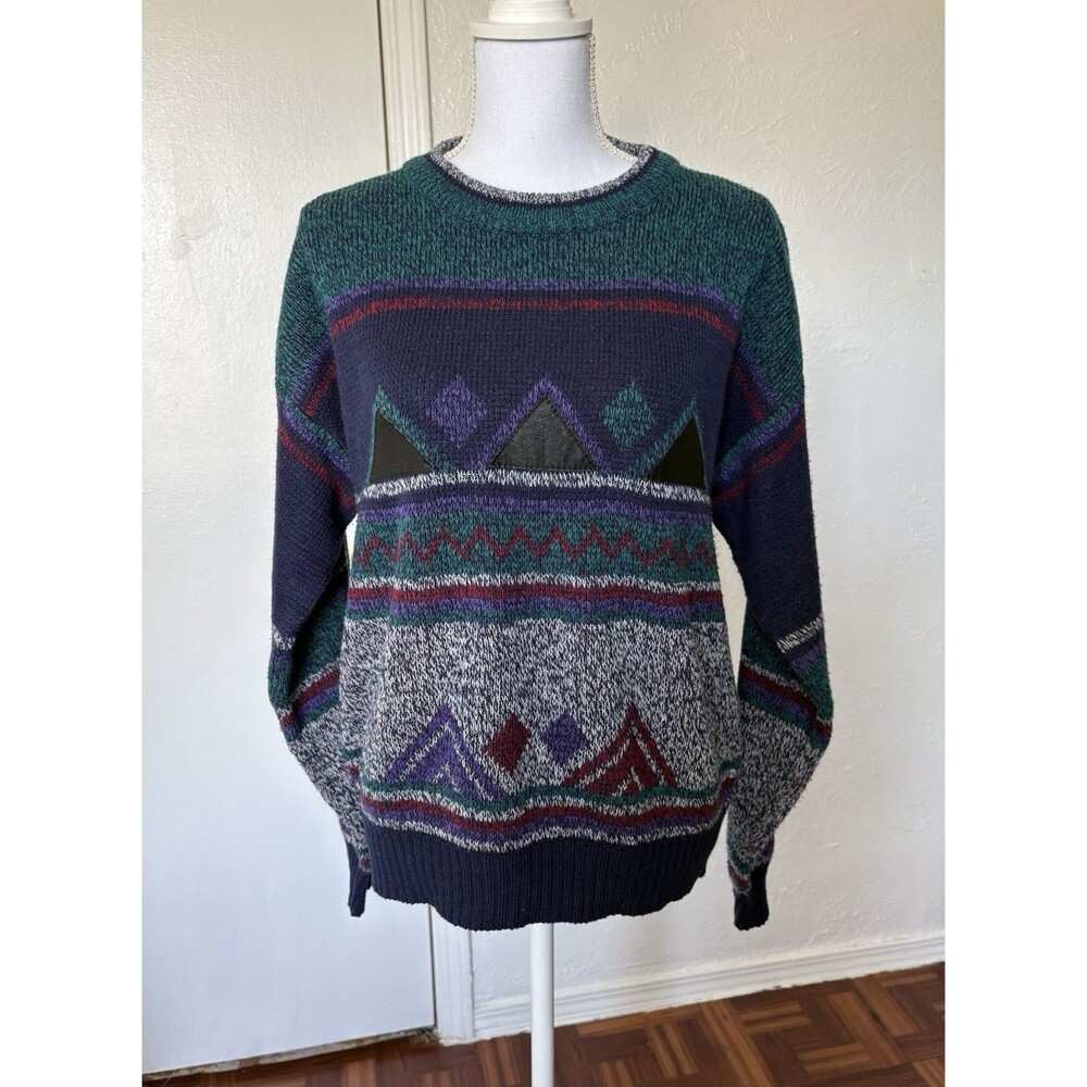 IMPACT Men’s Vintage 80’s Multicolor Geometric Leather Accents Sweater Size M